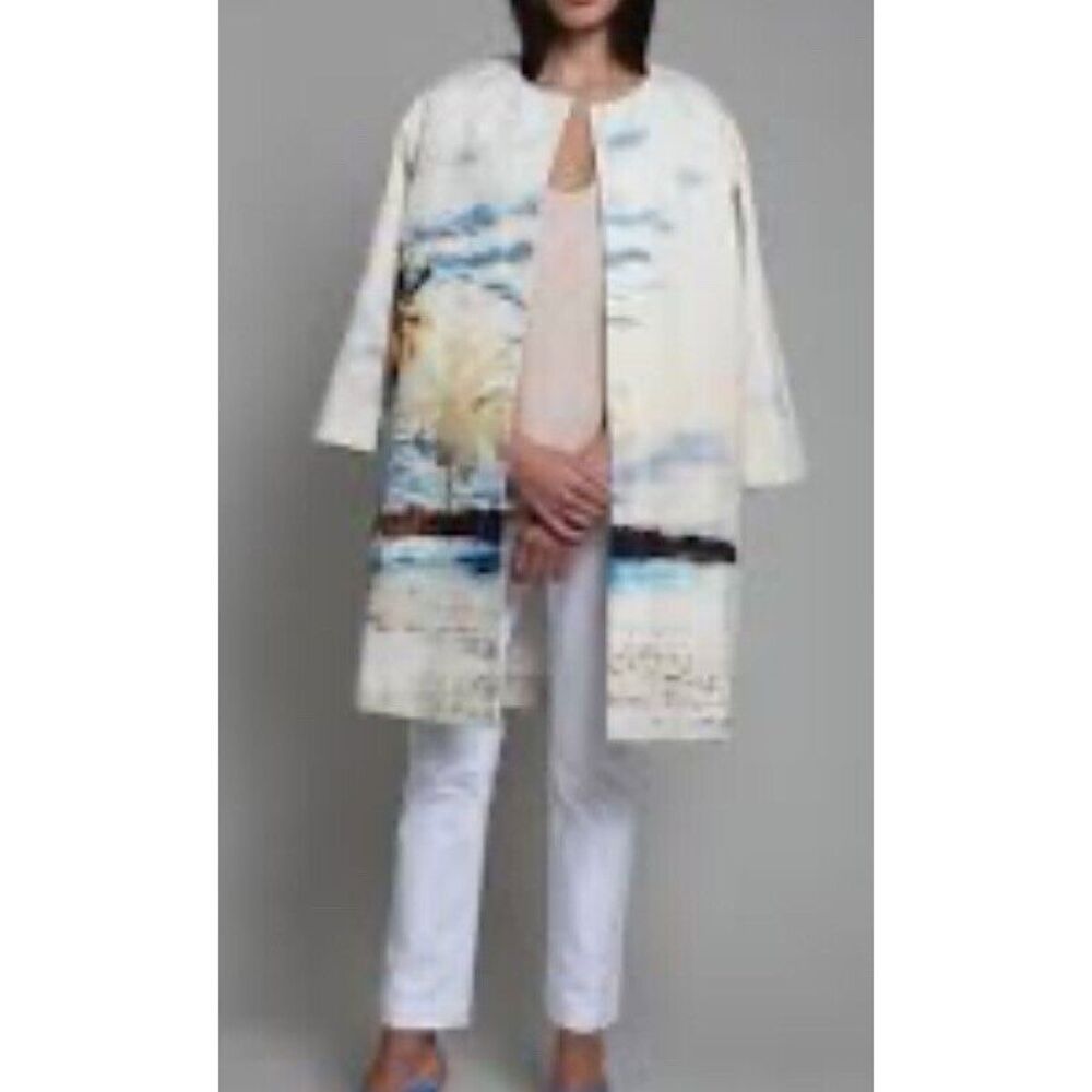 Lord & Taylor Long Jacket Size 6 Watercolor Beach‎ Print